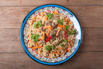 Hot delicious pilaf with dried fruits