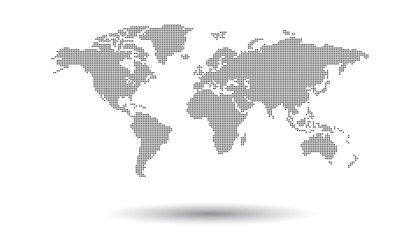Dotted black world map on white background. World map vector template for website, infographics, design. Flat earth world map illustration - obrazy, fototapety, plakaty