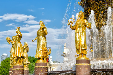 Moscow, Russia,golden statues on  People's Friendship fountain
