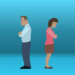 A man and a woman faced with crossed arms in a disagreement position. Vector illustration