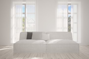 White modern room with sofa. Scandinavian interior design. 3D illustration