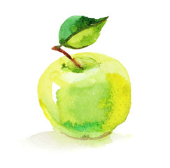 Green apple with leaf, watercolor illustration on white background - 144760886