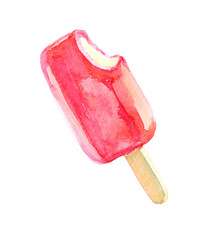 Ice cream on stick on white background. Covered with red frosting. Watercolor illustration