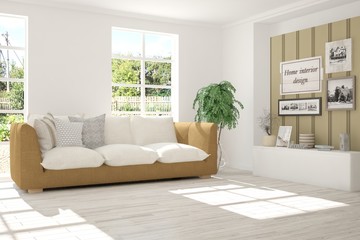 White room with sofa and green landscape in window. Scandinavian interior design. 3D illustration