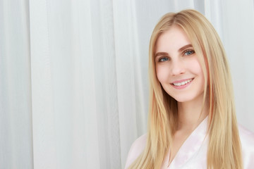 Naklejka premium Beautiful Young Woman With Sexy Fit Body stand Curtains