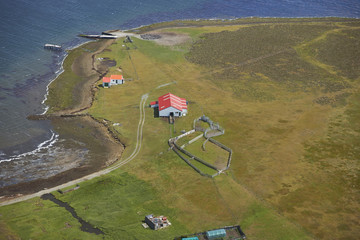 Aerial view of farm buildings in the settlement on Bleaker Island in the Falkland Islands.  