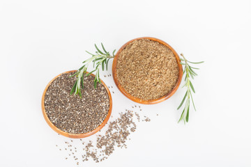 Chia seeds in wooden bowls. Chia seeds protect heart, healthy food