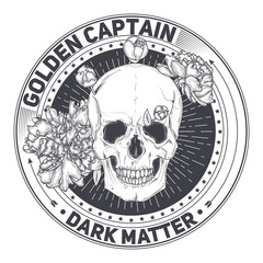 Vector illustration of a template of round tattoo with human skull and flowers. Pirate Black Mark
