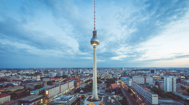 Berlin skyline with TV tower at Alexanderplatz at night, Germany