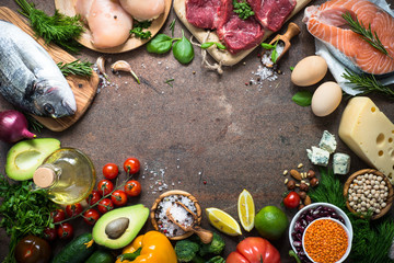 Balanced diet. Organic food for healthy nutrition. Top view copy space.