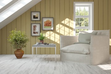 White room with armchair and green landscape in window. Scandinavian interior design. 3D illustration
