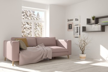 White room with sofa and winter landscape in window. Scandinavian interior design. 3D illustration