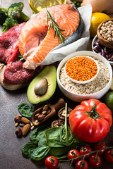 Balanced diet. Organic food for healthy nutrition. Healthy food cooking ingredients.
