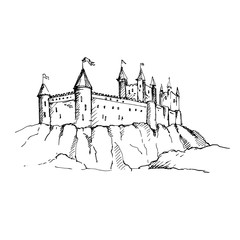 Hand drawn medieval castle sketch. Vector illustration.