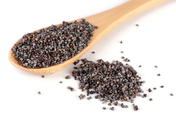 poppy seeds in a wooden spoon isolated on white background