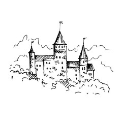 Hand drawn medieval castle sketch. Vector illustration.