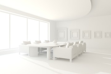 White dinner room. Scandinavian interior design. 3D illustration