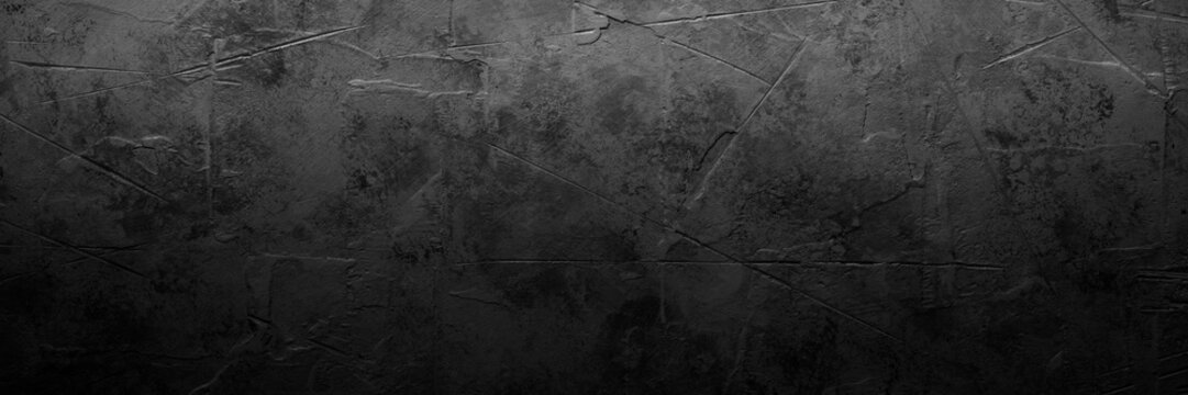 Black empty concrete stone texture. Slate background. Long banner format.