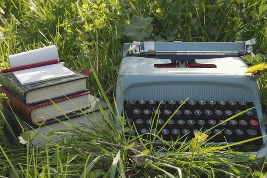 Old Blue Typewriter And Books In The Grass