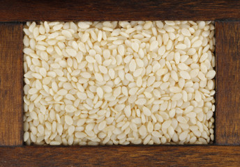 white sesame in wooden box isolated