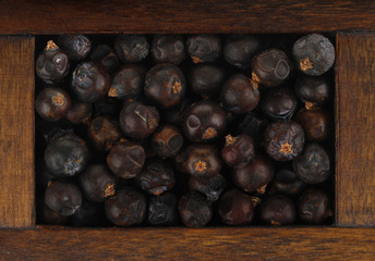 juniper berries in wooden box isolated