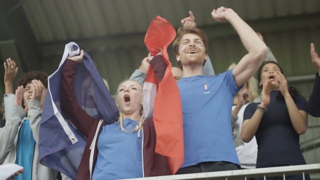  Excited fans with French flag in sports crowd, celebrating & cheering on team