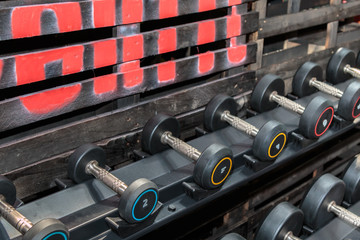 Black and Steel Dumbbells in Gym: Weight Fitness Equipment