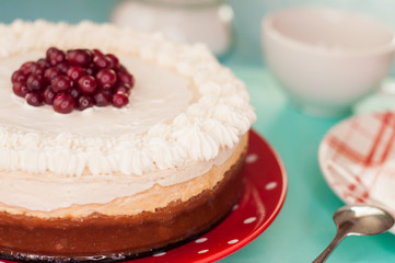 Delicate cheesecake with cranberries, whipped cream