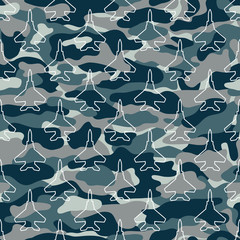 seamless pattern with jet fighters on camouflage background