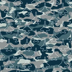 Fotobehang Militair patroon naadloos patroon met straaljagers op camouflageachtergrond