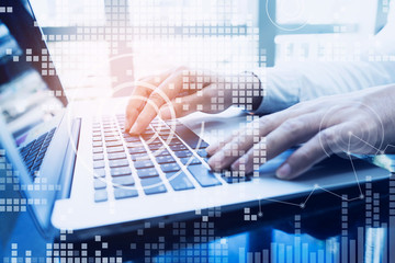 Young businessman working with digital screen on laptop with diagram graph.Business technology connectivity.strategy planning.research information data