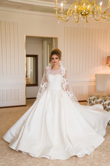 Portrait of beautiful young bride. A girl is posing in a hotel room. A lady Is worth with by the window. bride waiting in hotel.