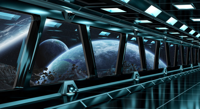 Spaceship corridor with view on distant planets system 3D rendering elements of this image furnished by NASA