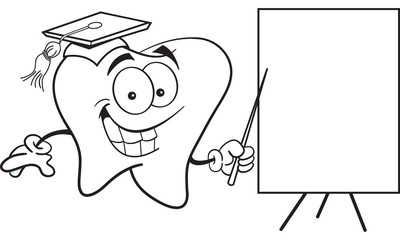 Black and white illustration of a tooth pointing to a sign.