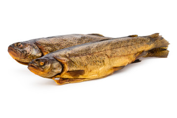 Smoked trout in front of a white background.