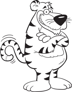 Black and white illustration of a smiling tiger.