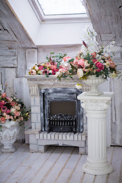 Fireplace and decor of flowers