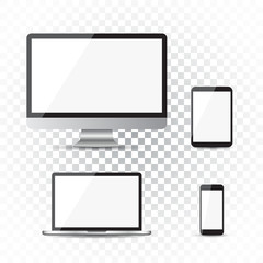 Realistic device flat Icons: smartphone, tablet, laptop and desktop computer. Vector illustration on isolated background
