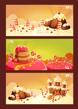 Set vector cartoon illustration, banners with a sweet landscape - cake houses, muffin hills, caramel rivers, lollipops and popsicle