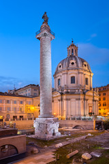 Trajan's Column and Santa Maria di Loreto Church in the Evening, Rome, Italy