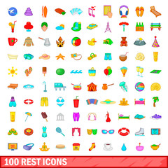 100 rest icons set, cartoon style