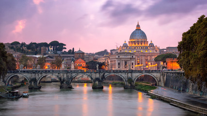 Fototapeta na wymiar Tiber River and Saint Peter Cathedral in the Evening, Rome, Italy