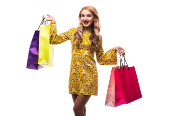 Beautiful blonde women with bags, shopping concept, isolated on white background