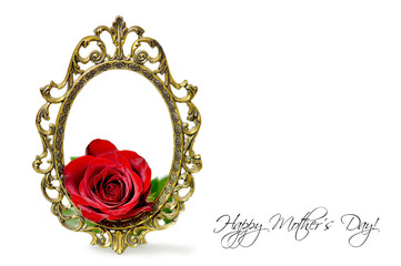 Mothers Day card: Red rose in the vintage frame isolated on white background