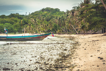 Fototapeta na wymiar Tropical seashore with traditional asian boat during low tide with palm grove