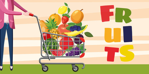 Fruits shopping horizontal banner, cartoon style