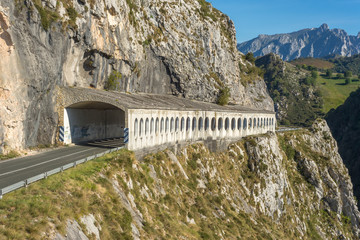 Avalanche gallery on the road to the National Park Picos de Europa. The street cross the foothills...