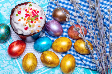 Easter cake and colored eggs