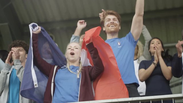  Excited fans with French flag in sports crowd, celebrating & cheering on team