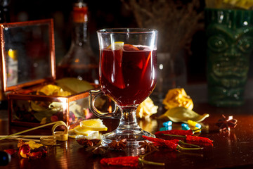 The traditional drink for winter evenings - mulled wine in the glass.